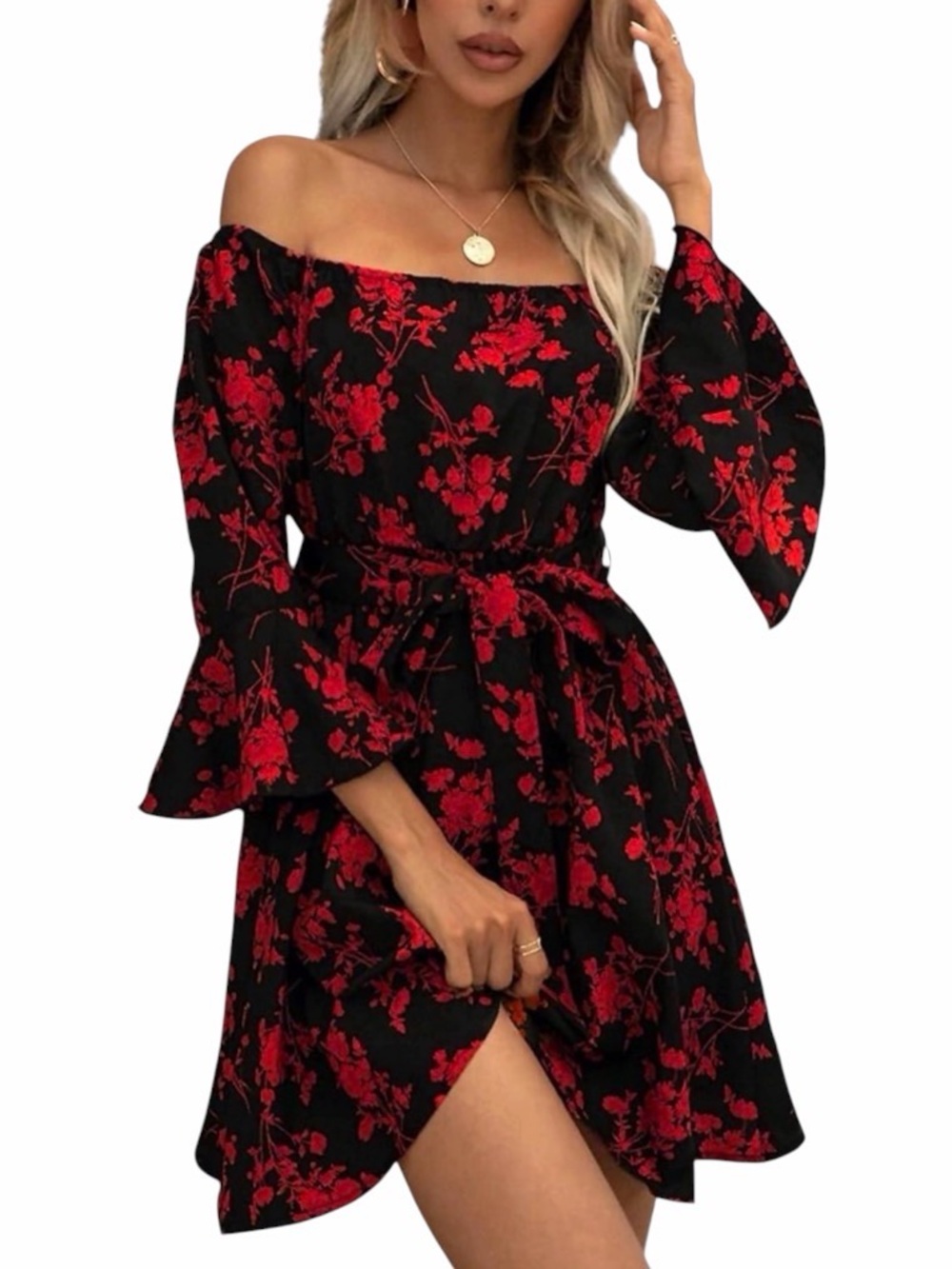 JECEIKA Off Shoulder Ruffle A-Line Mini Dress with Belt NWT